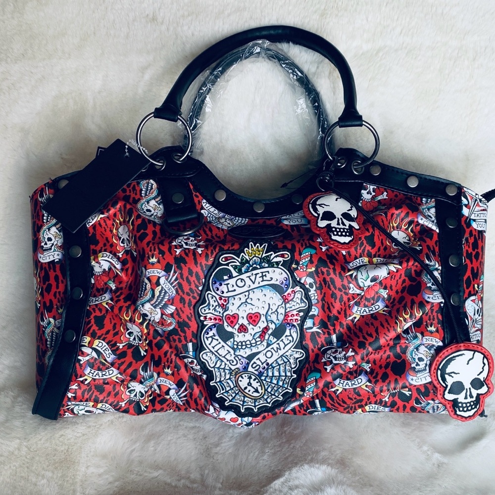 Ed Hardy Purse Satchel“Love Kills Slowly” Red/Black 9 x 16 Vegan